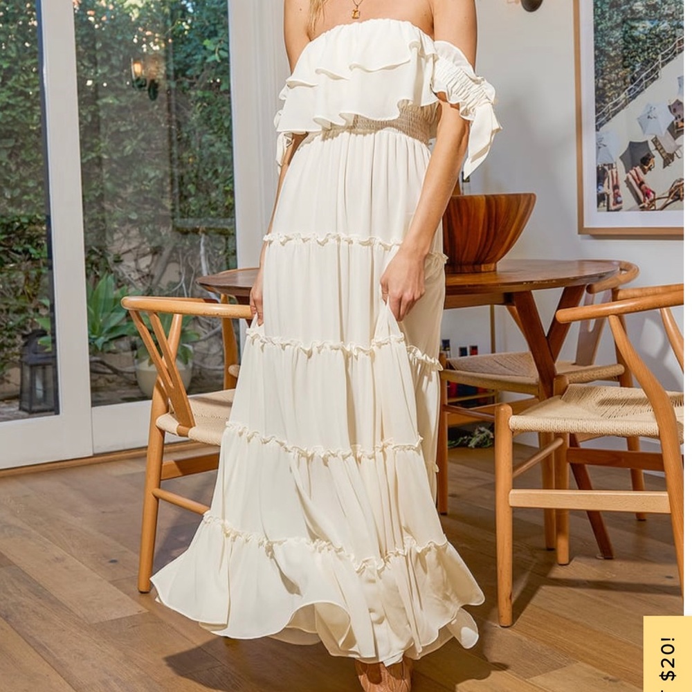 Lulu’s Chance For Us Ivory Off-the-Shoulder Boho Ruffled Maxi Dress
